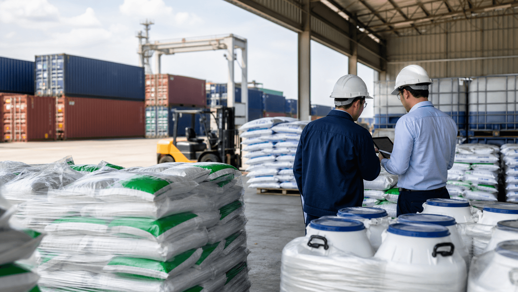 Agricultural input cargo being inspected in a logistics warehouse